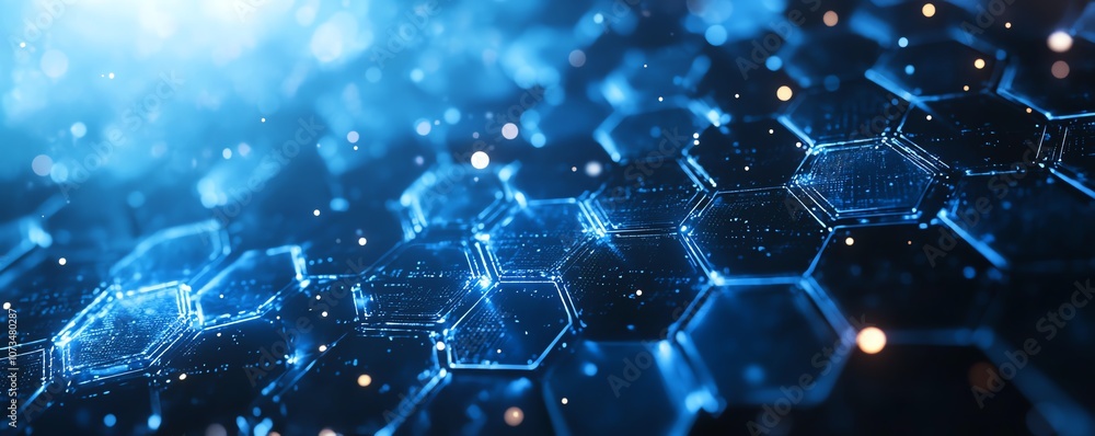 Poster blue abstract background featuring hexagons and digital data, designed for digital marketing concept