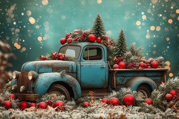 old blue truck with Christmas decorations, red and green baubles, pine trees, in the back against a teal background with a bokeh effect