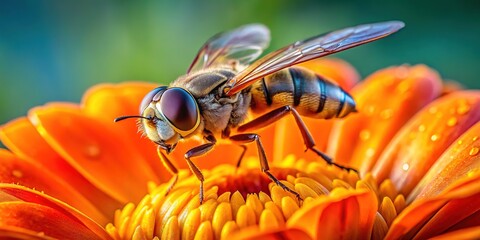 Macro photography reveals the intricate beauty of a Scaeva Selenetica hoverfly, perched on a calendula blossom.