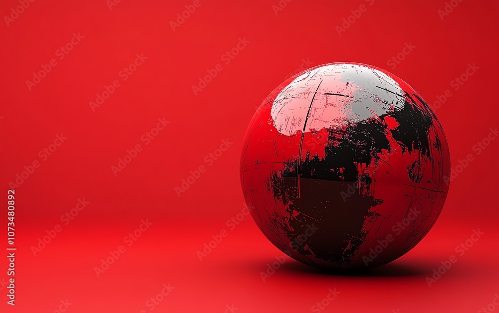 Poster futuristic digital planet sphere set against a red background with a smooth gradient of red and blac