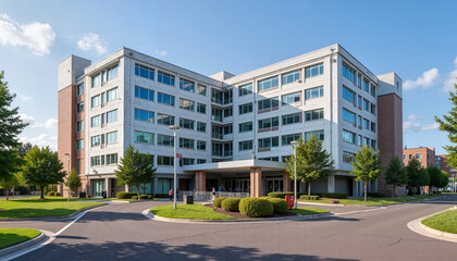 Modern oncology hospital building with accessible entrance and landscaped surroundings