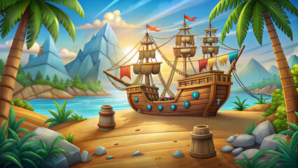 Fototapeta premium Cartoon pirate ship on a beach with palm trees in the background, creating a lighthearted and playful atmosphere. Background for the game.