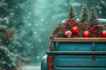 old blue truck with Christmas decorations, red and green baubles, pine trees, in the back against a teal background with a bokeh effect