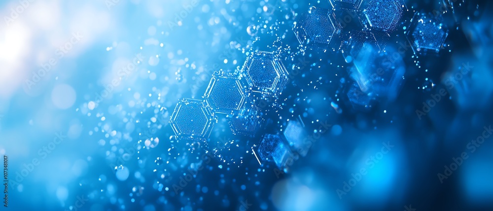 Poster hexagonal shapes and digital data flow on an abstract blue background, representing technology and d
