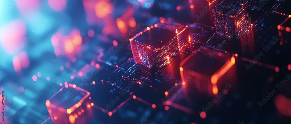 Poster hexagonal shapes and digital data flow on an abstract blue background, representing technology and d