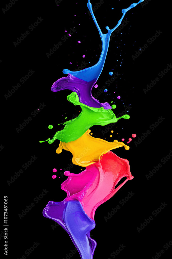Poster a stunning display of colorful paint splashes against a black background, showcasing a dynamic flow 