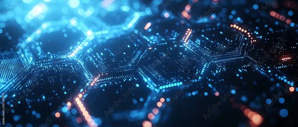 Poster hexagonal shapes and digital data flow on an abstract blue background, representing technology and d