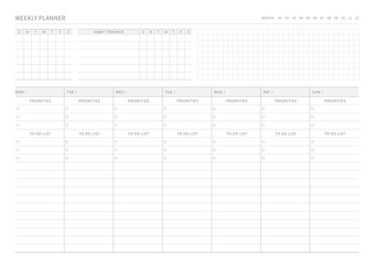 A weekly plan design template in a modern, simple, and minimalist style. Note, scheduler, diary, calendar, planner document template illustration.