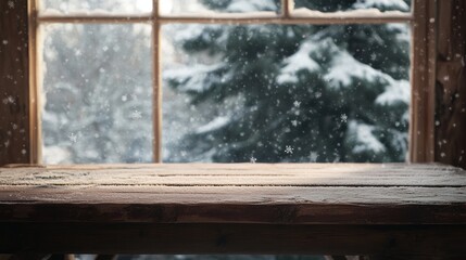 Snow-Covered Wooden Surface Against a Window Showing a Snowy Winter Landscape