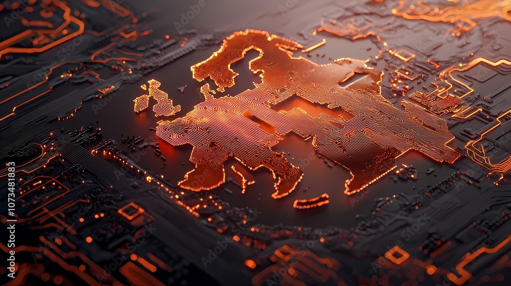 Poster a glowing orange outline of europe is displayed on a dark background. it is made of computer circuit