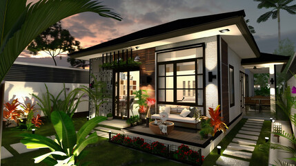 Fototapeta premium Cozy one store house with terrace in grass yard