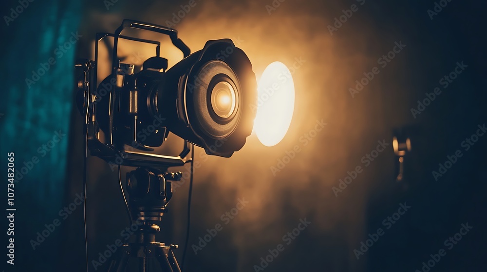 Poster a camera on a tripod with a bright light source, creating an artistic photography setup.
