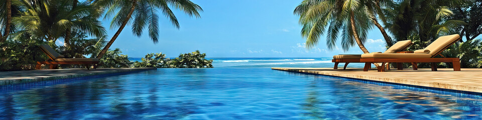 Fototapeta premium Wellness Oasis: A serene outdoor swimming pool with lounge chairs and palm trees, inviting relaxation and rejuvenation.