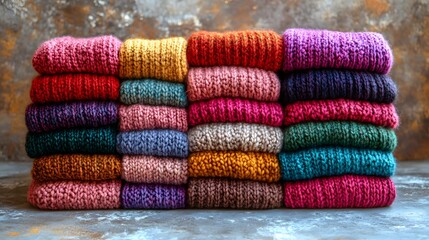 Cozy sweater display on concrete wall, folded neatly, ready for branding or design mockup