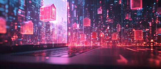 Obraz premium Real estate marketing through social media on a laptop, with floating digital houses above, symbolizing the promotion of commercial properties online