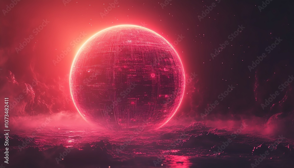 Poster red and black gradient background with a glowing digital planet sphere in the center, symbolizing a 