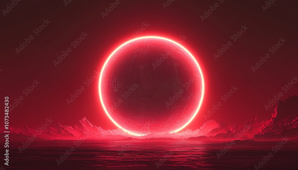 Poster red and black gradient background with a glowing digital planet sphere in the center, symbolizing a 