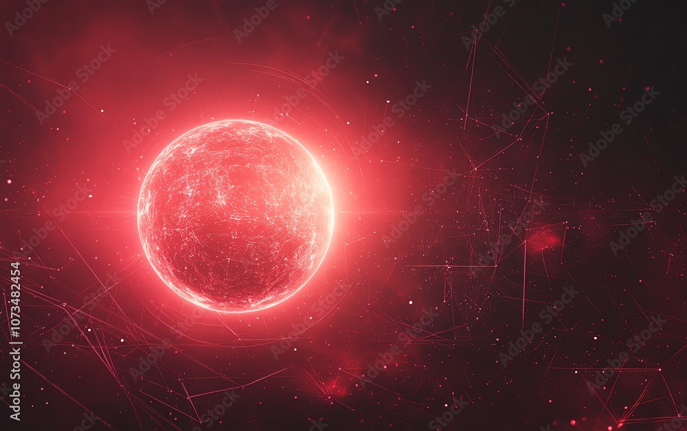 Poster red and black gradient background with a digital planet sphere glowing at the center, representing d