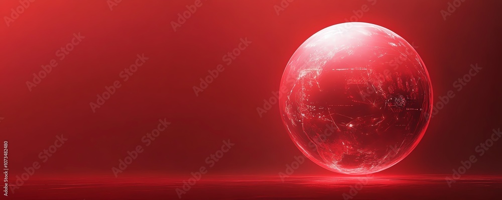 Poster red background with a gradient of red and black colors, featuring a glowing digital planet sphere at
