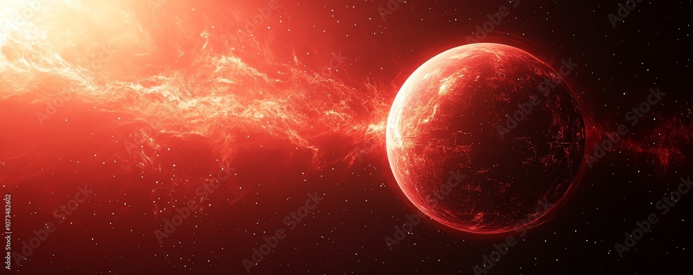 Poster red gradient background transitioning to black, with a luminous digital planet sphere floating, repr