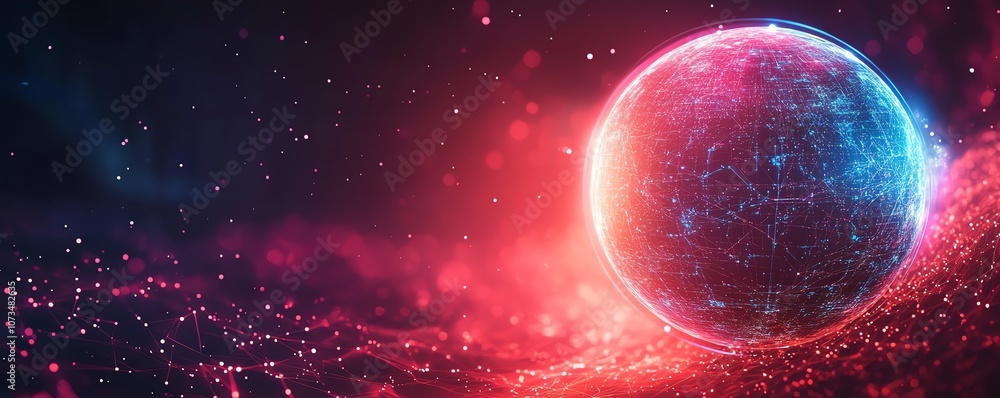 Poster red gradient background transitioning to black, with a luminous digital planet sphere floating, repr