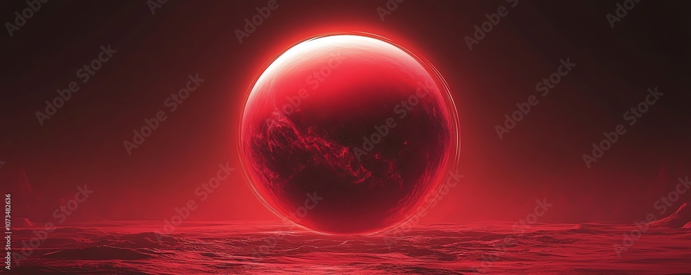 Poster red gradient background transitioning to black, with a luminous digital planet sphere floating, repr
