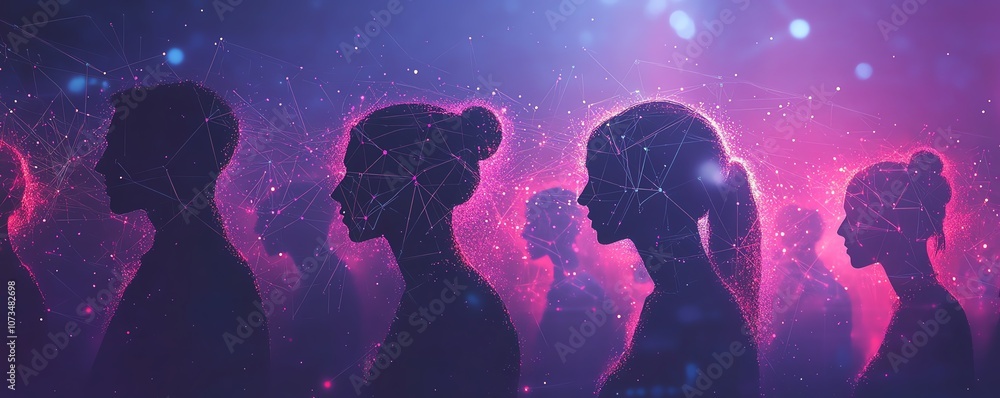 Poster silhouettes of individuals linked in a network pattern on a purple background, depicting global conn
