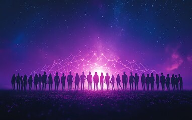Silhouettes of people forming a connected network on a purple background, representing collaboration and digital connections