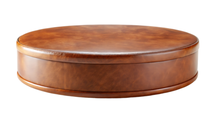 Empty brown leather round podium for product display isolated on transparent background, showcase stand for product presentation