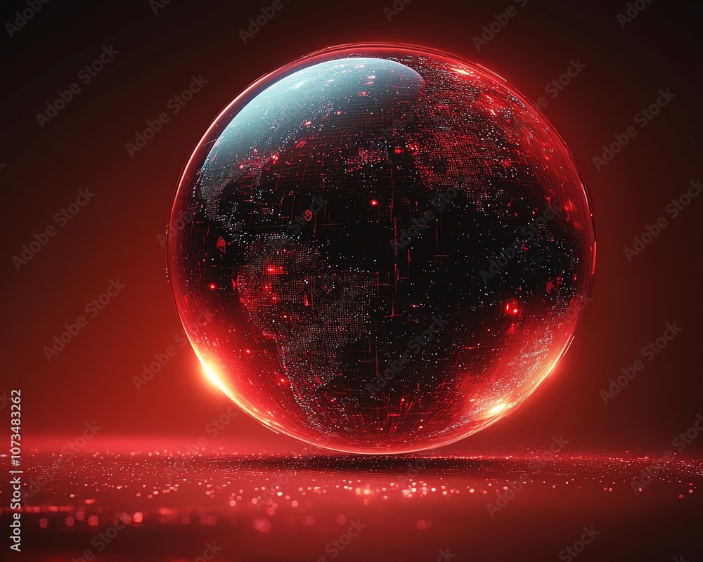 Poster a digital planet sphere on a red background, with a smooth gradient of red and black, creating a cos