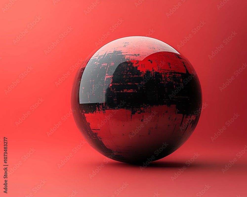 Poster a digital planet sphere on a red background, with a smooth gradient of red and black, creating a cos