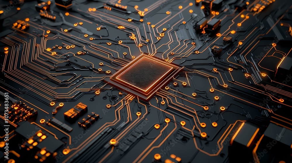 Poster the image shows an abstract close-up of a black circuit board with glowing orange lines and a square