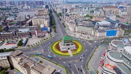 High angle Aerial view of the city skyline and the Bell Tower in Xi'an, Shaanxi Province, China