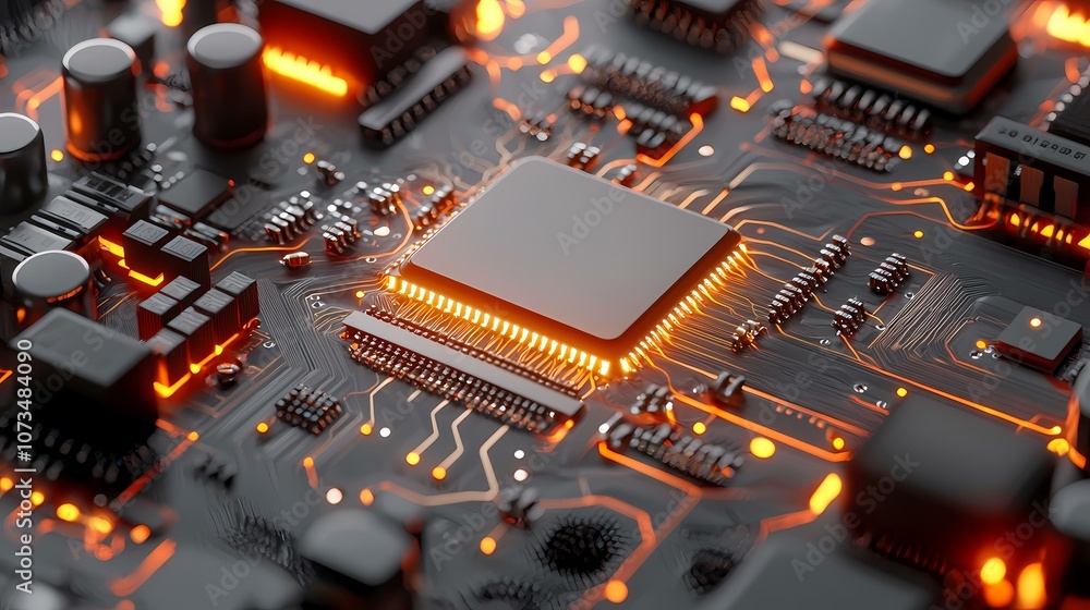 Poster a close up of a circuit board with a processor in the center glowing orange.