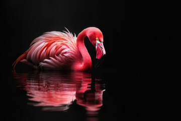 Vibrant pink flamingo gracefully reflects on calm dark water, showcasing vivid feathers and elegance against a contrasting black background.