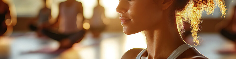 Yoga Flow: A group of people in various yoga poses, exhaling deeply in a peaceful, sunlit studio.