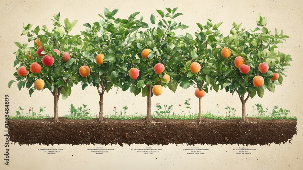 Poster a row of five fruit trees, alternating in species, with a visible root system, displaying a cross-se