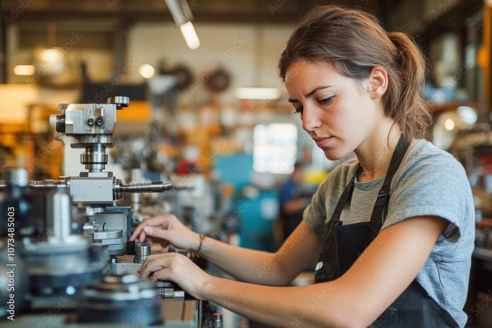 Poster Female engineer working on a cnc machine in a factory