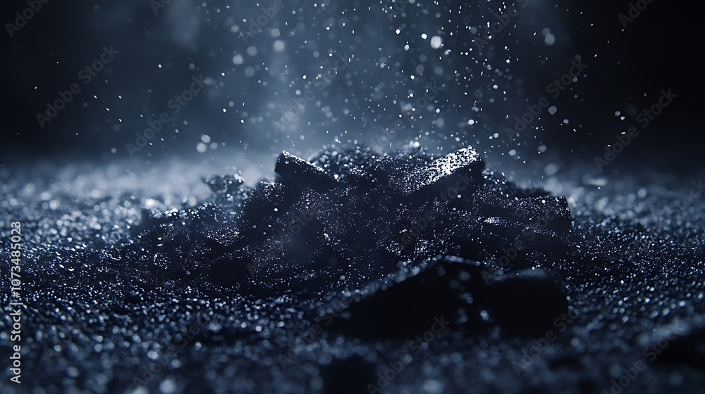Poster a close-up of dark, textured material with particles suspended in the air, creating a dramatic effec