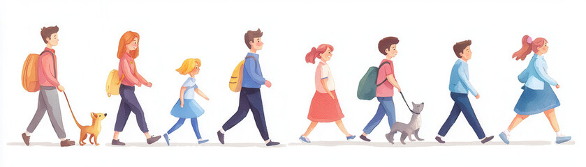 A colorful illustration of a diverse group of people walking, accompanied by dogs, depicting a cheerful and active outdoor scene.