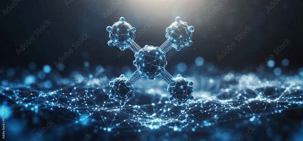 Poster Abstract 3D rendering of a molecule with a blue and black color scheme on a network background.