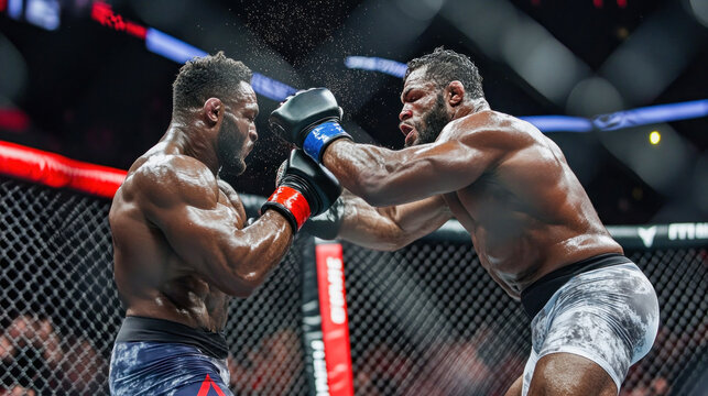 MMA fighters exchanging powerful punches during intense match