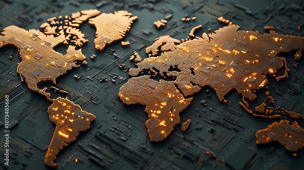Poster the image shows the outline of a world map, with its continents depicted as a circuit board. the ima