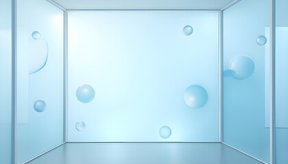 A high-definition image of a website landing page template featuring glass morphism design. The frosted glass partition is elegantly overlaid with floating light blue spheres