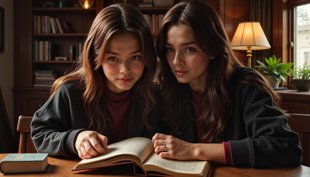 Twin sisters reading a book together in a cozy room