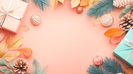 Festive Gifts, Ornaments, and Foliage on a Pink Background
