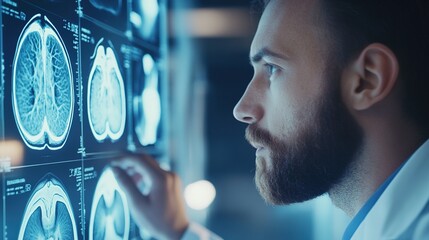 Doctor carefully examining lung scan results, focusing on patient's health and medical diagnosis. Professional dedication and attention to detail in healthcare.