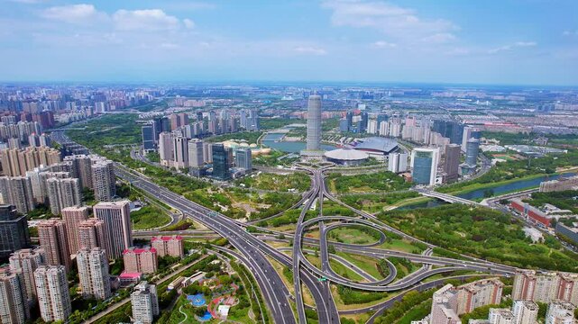Aerial view  skyline of the overpass in Zhengdong New District, Zhengzhou, Henan Province, China