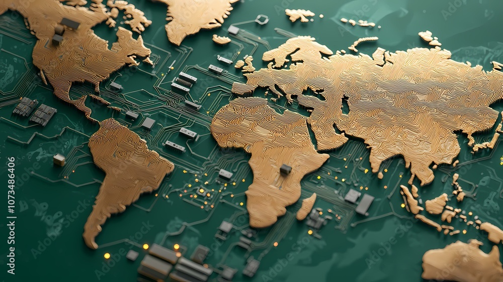 Poster the image shows a world map made of a circuit board with gold-colored traces. the map is on a green 