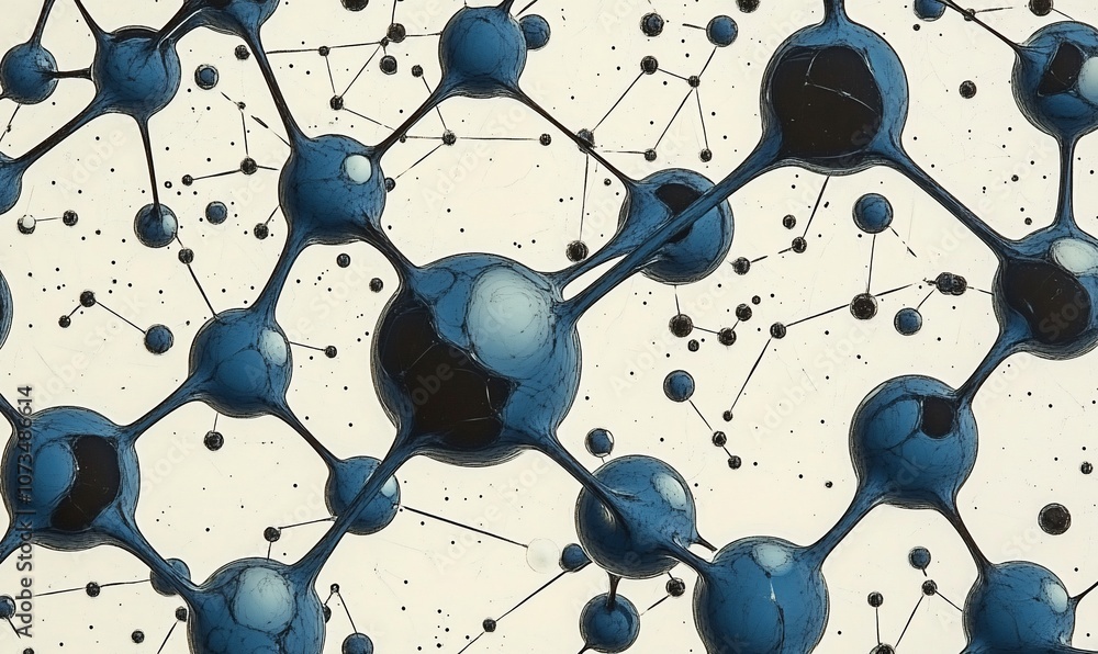 Poster abstract 3d rendering of connected blue spheres against a white background.